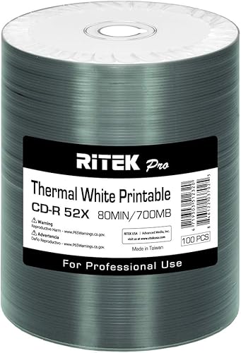 Paquete de 100 unidades Ritek Pro (grado profesional) CD-R 52X 700MB blanco Hub térmico imprimible disco grabable en blanco disponible en Yaxa Mexico