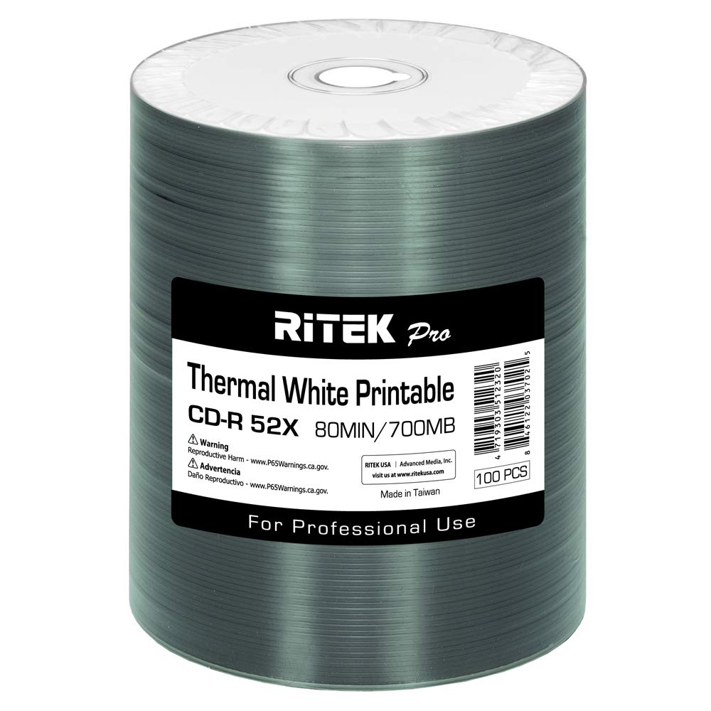 100 Pack Ritek Pro (Professional Grade) CD-R 52X 700MB White Thermal Hub Printable Blank Media Recordable Disc