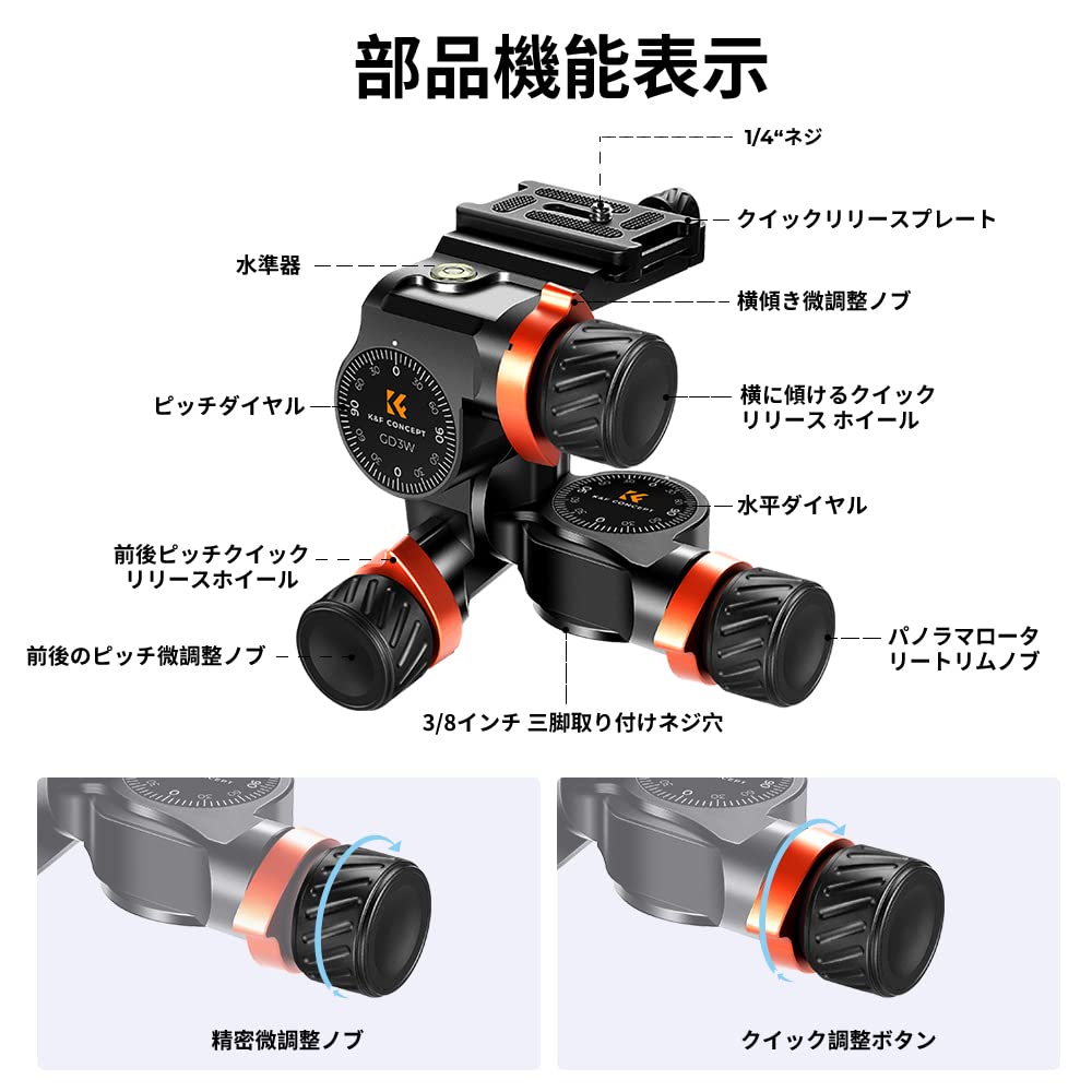 Amazon | K&F Concept ギア雲台 ハンドル付き 3ウェイギアヘッド