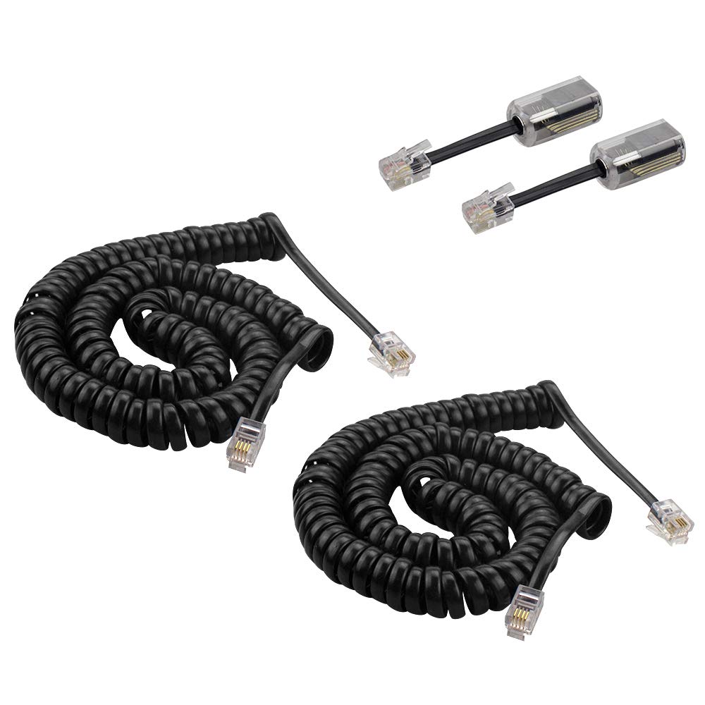 2 Pack 13 Ft Uncoiled Modular Coiled Telephone Phone Handset Curly Cable Cord +2 Pack 360° Telephone Cord Detangler Extended Rotating (13FT)