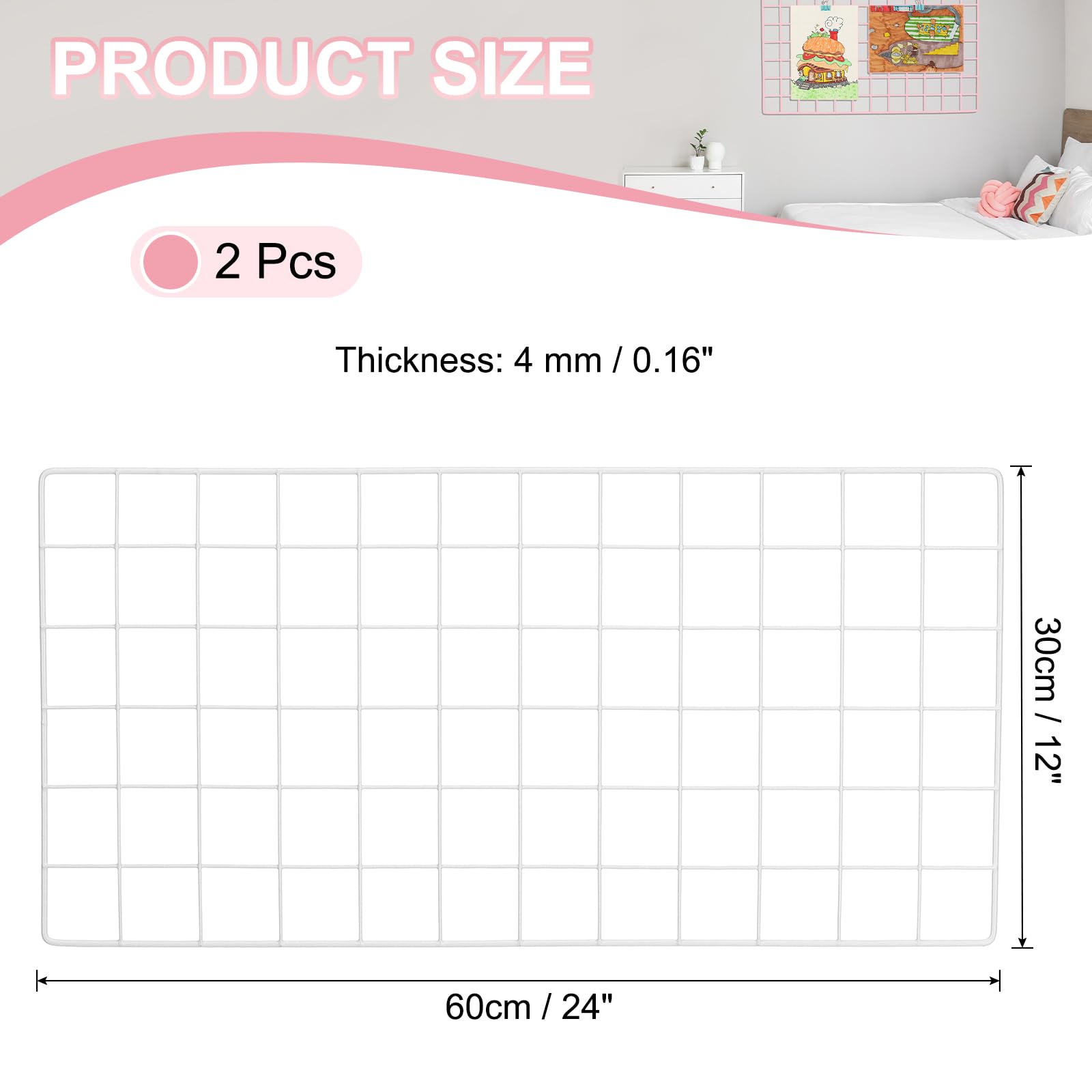 PATIKIL 60x30cm Wire Grid Panel, 2 Pack Board Photo Pictures Memo Display Grid Panels Hanging Organizer Wall Decorative Panel for Home Office Wedding, White - Image 2
