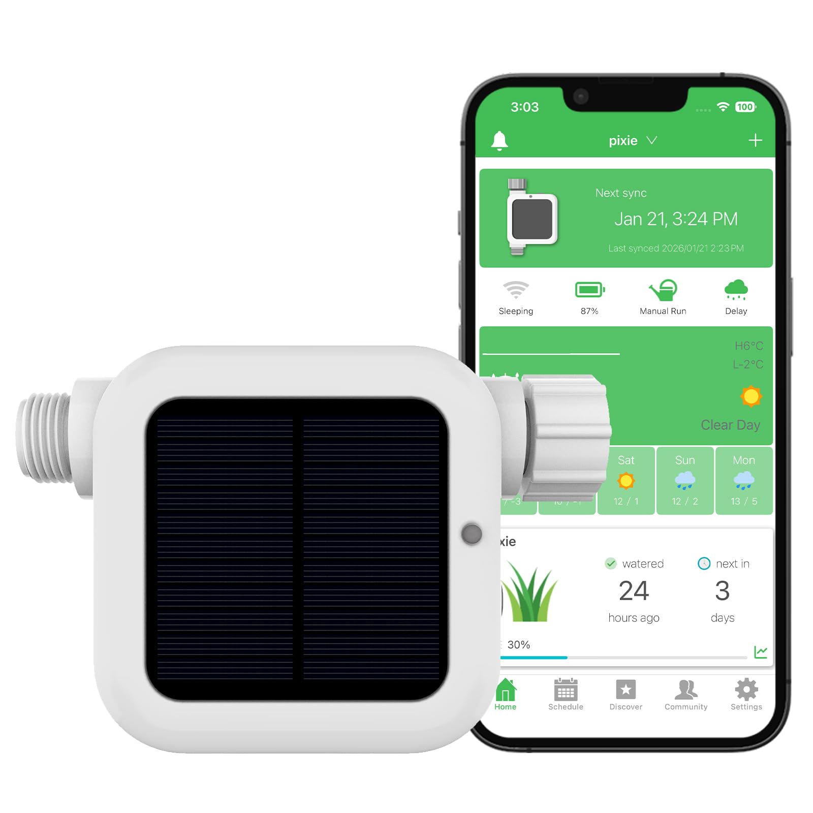 Netro Pixie - Timer intelligente per tubo per irrigazione, collegato a WiFi, alimentato a energia solare, con sensore meteo