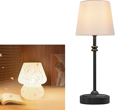 ONEWISH Glass Mushroom lamp&Gold Cordless Linen lamp,Both dimmable