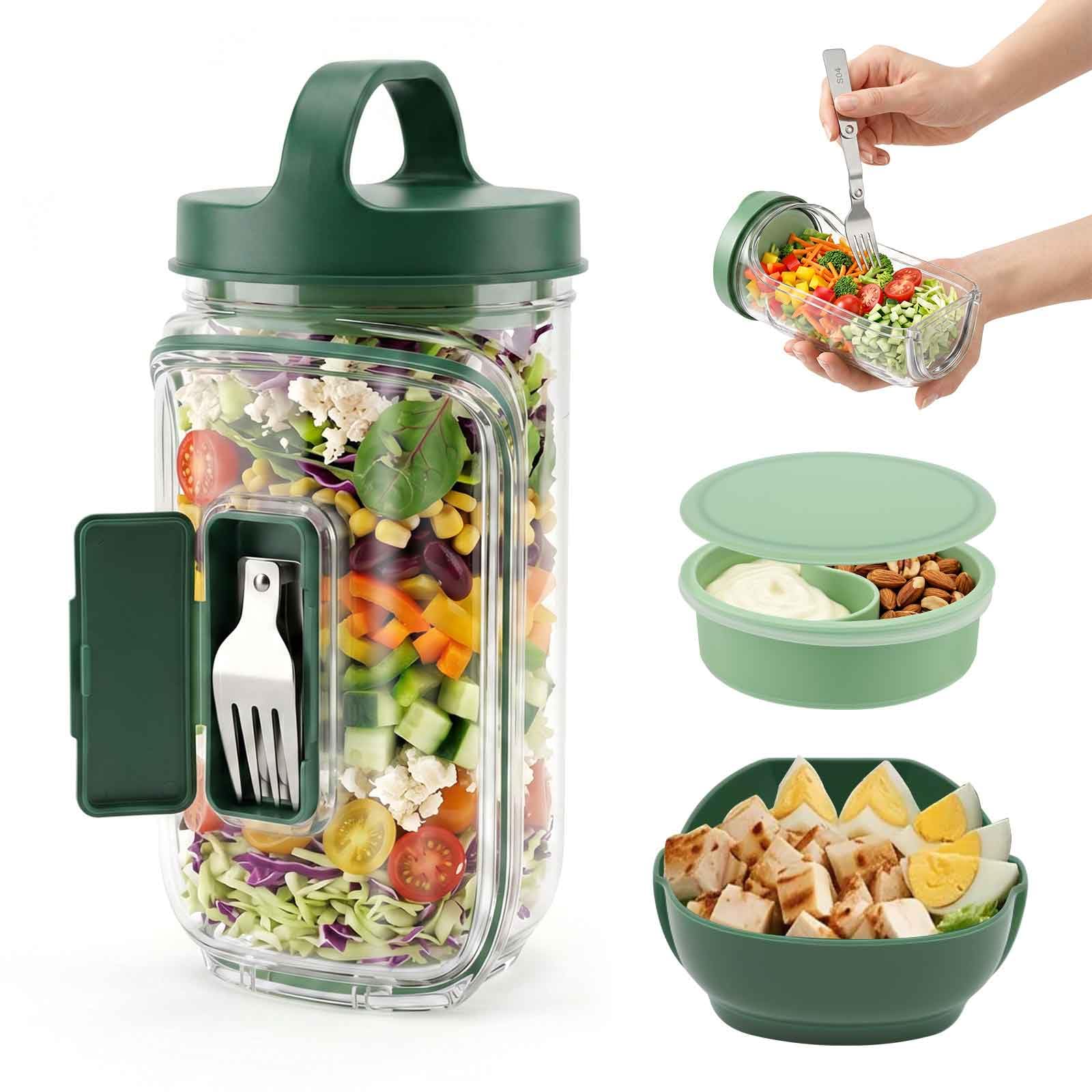 Kuanght Salad Jar with Side Opening, 1000ml Vertical Layering Salad Container Side Opening Include Dressing Cup, Fork and Lid with Handle, Leakproof Salads Pod for Office, School, Picnic and Travel