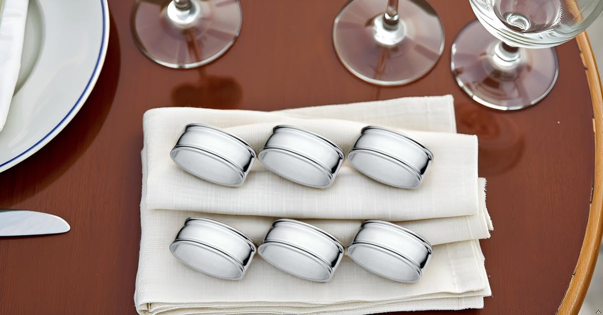 6er Set Serviettenringe versilbert – Fadenmuster L 6cm – Edle Silber-Plattierung für Stoffservietten inkl. Geschenkbox