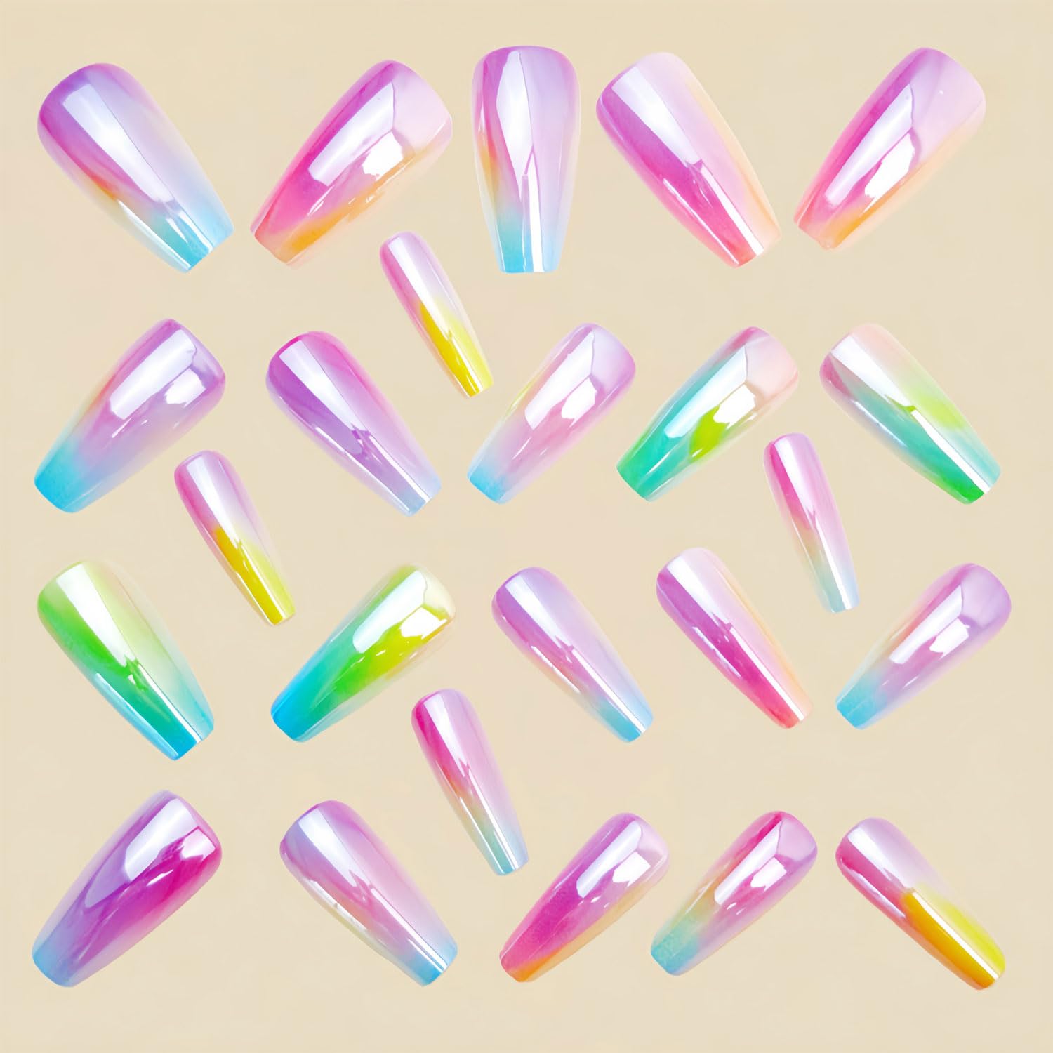 Chrome Press on Nails Coffin Medium Fake Nails with Rainbow Aurora Designs Nails Press ons Glossy Glue on Nail Summer Full Cover Acrylic Nail Spring Stick on Nail for Women 24Pcs