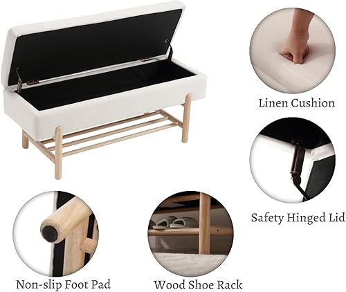 Miniatura 4 de EALSON Moderno banco otomano de almacenamiento, tapizado de tela, extremo del banco con asiento y zapatero de madera, banco largo de entrada para