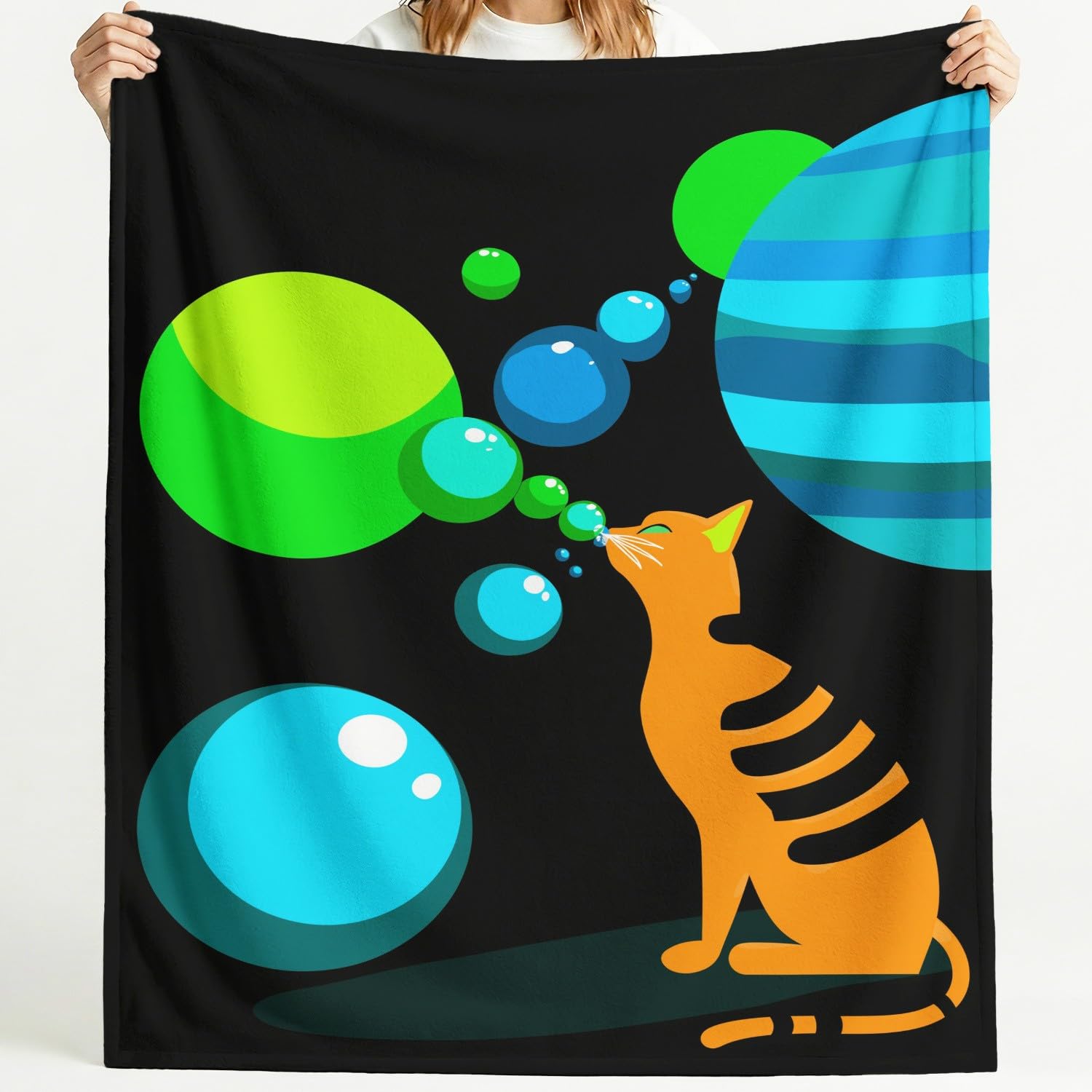 Coperta di cartone animato fantascienza gatto pianeti universo bolle al neon surrealistiche per donna uomo, coperta in peluche super morbida in flanella, decorazione per la cameretta dei bambini, 180