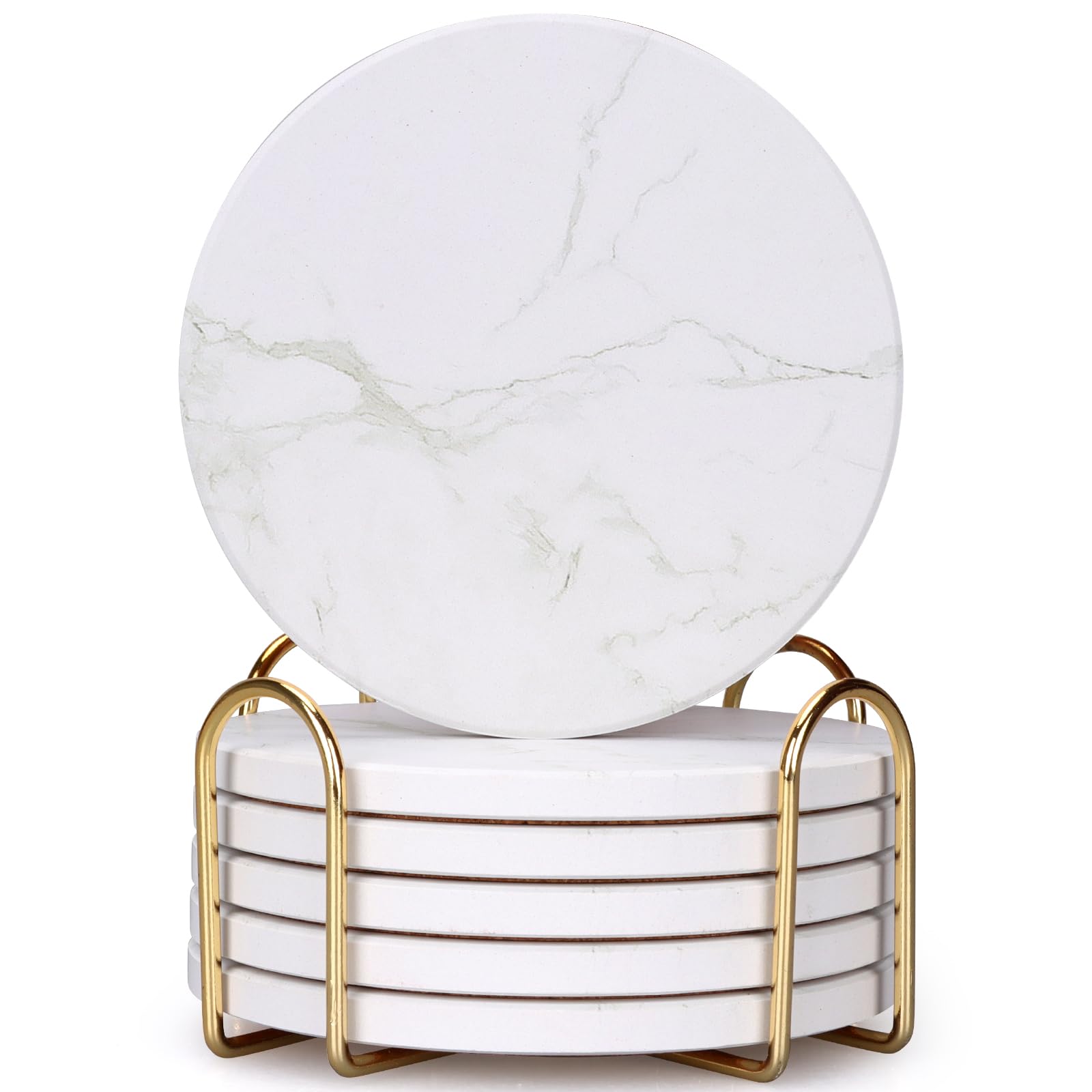 Dksyee Coasters Set of 6 White Marble Style Ceramic Drink Coasters with Holde Coffee Table Decor Drinks Absorbent Stone Coasters for Rustic Farmhouse, Bar, Coffee, Table, Desk, Gifts