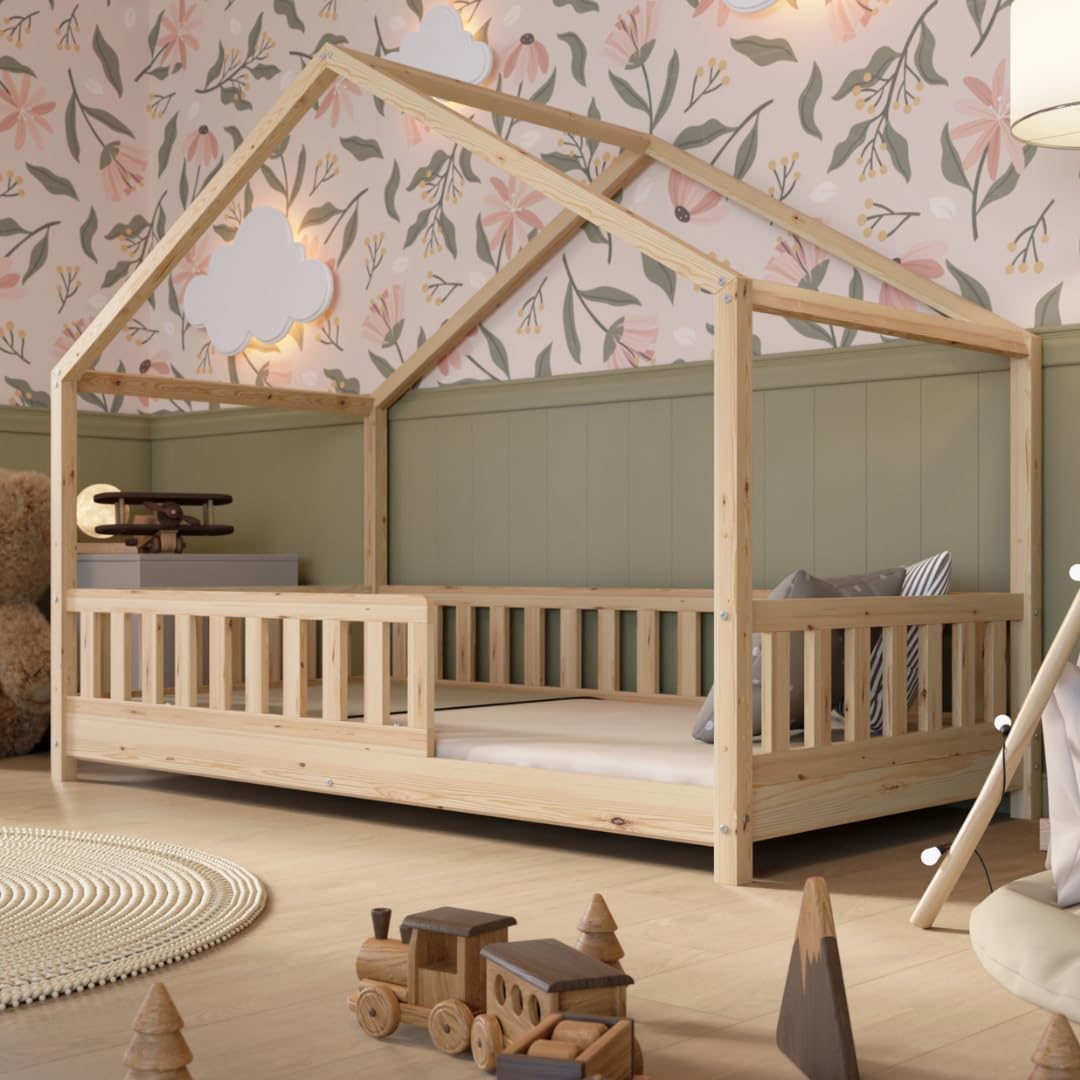 Cama Montessori en Forma de Casa 190x90 cm - Cama Infantil con Protección contra Caídas 31,5cm - Camas Infantiles niños y niñas - Madera Natural