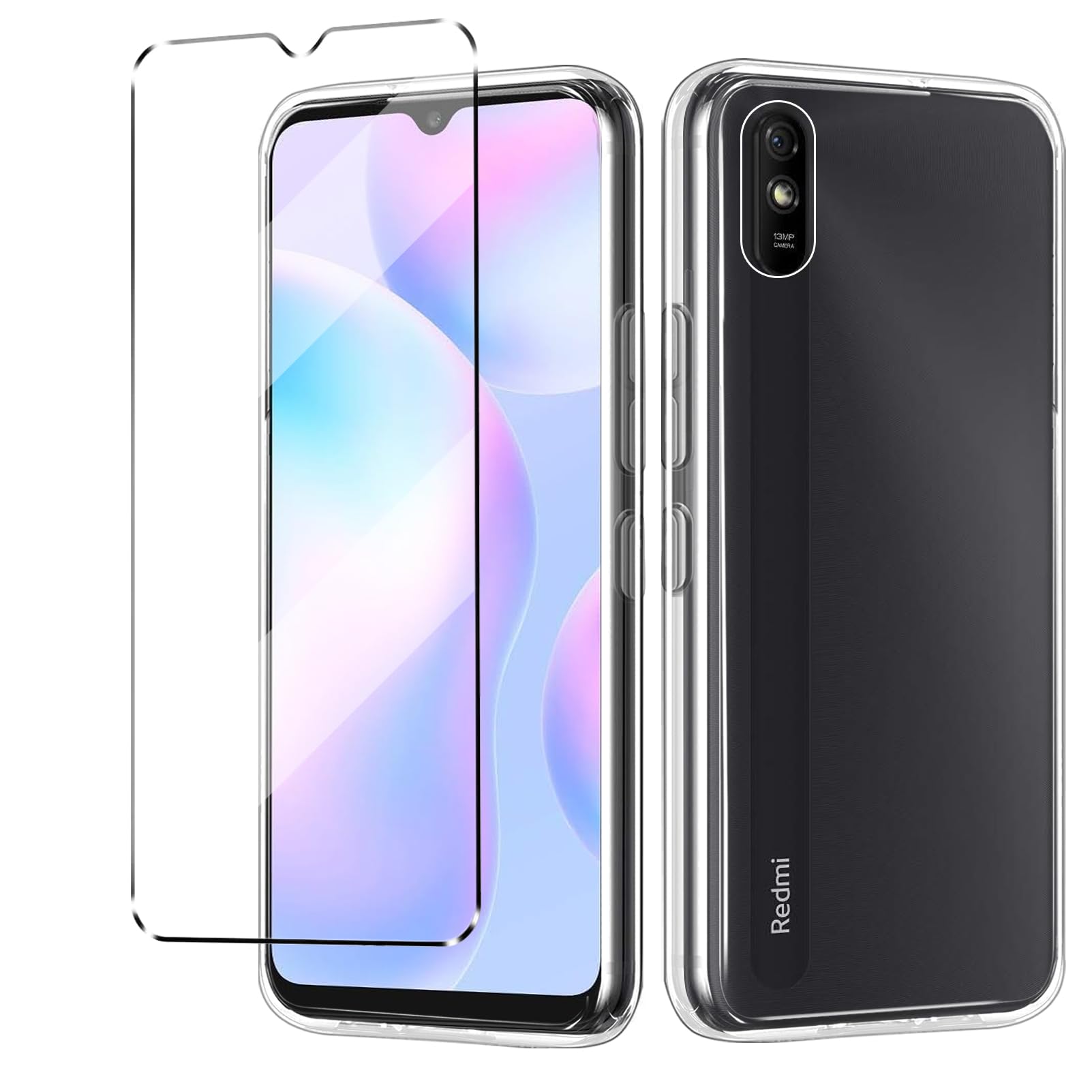 Cover Compatible with Redmi 9A/9AT Case with 1 Pack Tempered Glass Screen Protector Phone Case for Redmi 9A/9AT,Soft TPU Slim Fit Shockproof Anti-Scratch Phone Cover-Clear