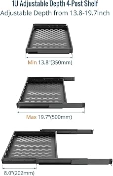 Tecmojo 1U 4-Post Server Rack and Network Rack Sliding Shelf Adjustable Depth 350mm-500mm with M6 Screws and Anti-slip stop