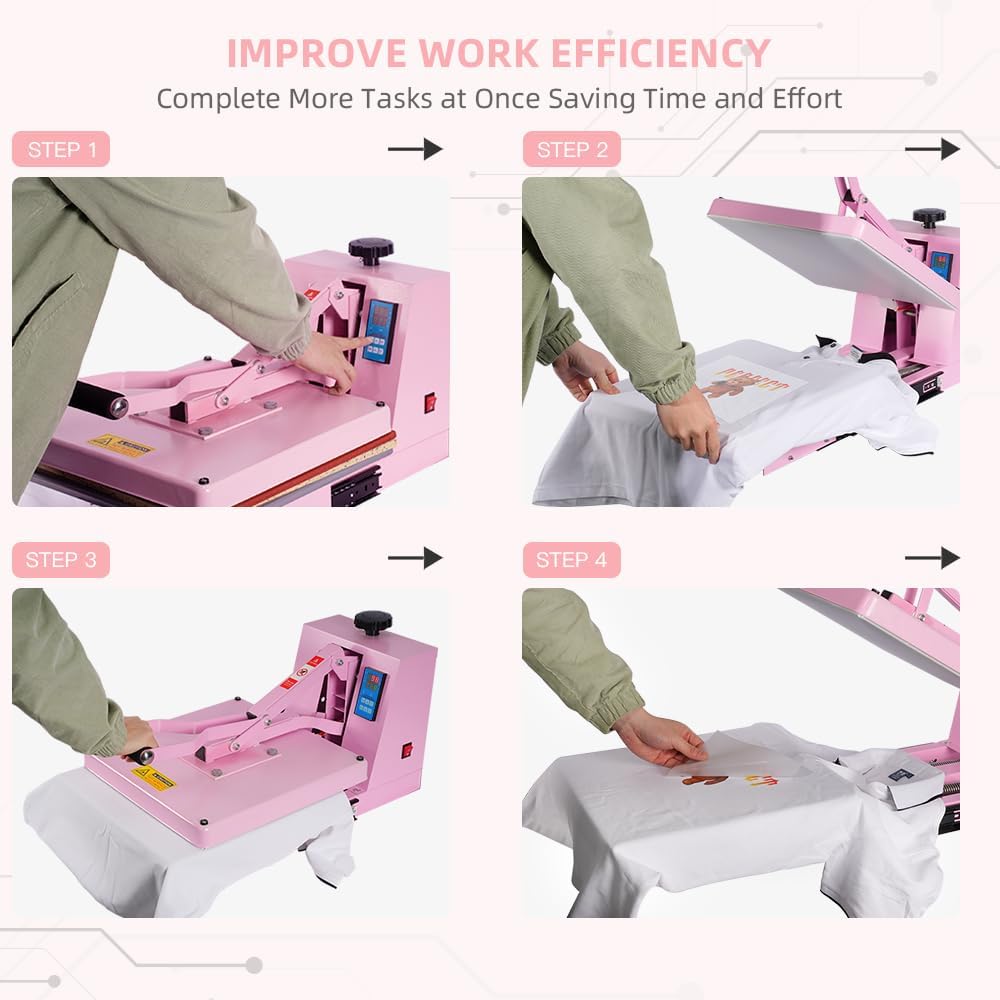 15x15 Heat Press Machine with Slide-Out Platen, T-Shirt Heat Transfer Press for DTF & HTV Vinyl, 110V 1400W Digital Temp/Timer, Dual Support Arms, 0–400°F, Pink