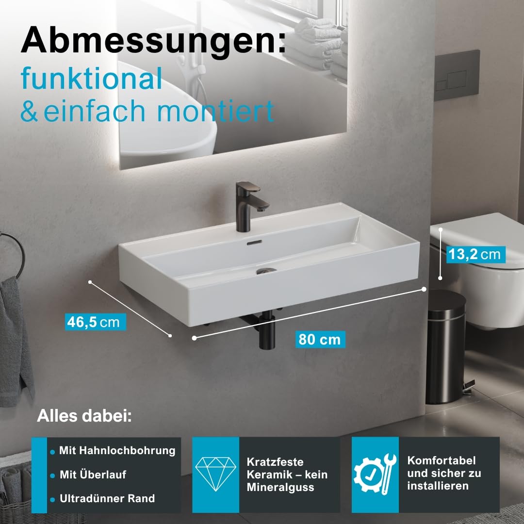 Aqua Bagno lavabo cerámico 80 cm blanco – lavabo encimera rectangular para baño, diseño moderno con borde fino, superficie fácil de limpiar, montaje en pared o sobre encimera | También como lavabo superior, con orificio para grifo, borde fino de 8 mm, mon