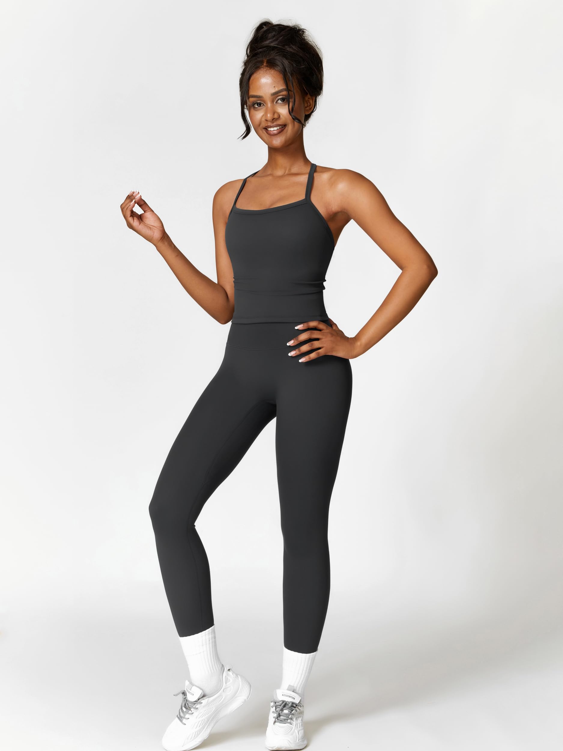 IDOPIP Tuta sportiva da donna in due pezzi per il fitness: allacciatura al collo, abiti estivi con imbottitura e leggings alti – Set da palestra con dorso della cinghia per yoga, pilates e allenamento