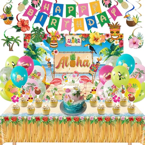 Image of Hawaiian Birthday Party Decorations Kit - Includes inchHappy Birthday inch Banner, Hanging Swirls, Aloha Backdrop, Balloons,Cake Toppers, Tablecloth for Tropical Luau Theme Party Supplies