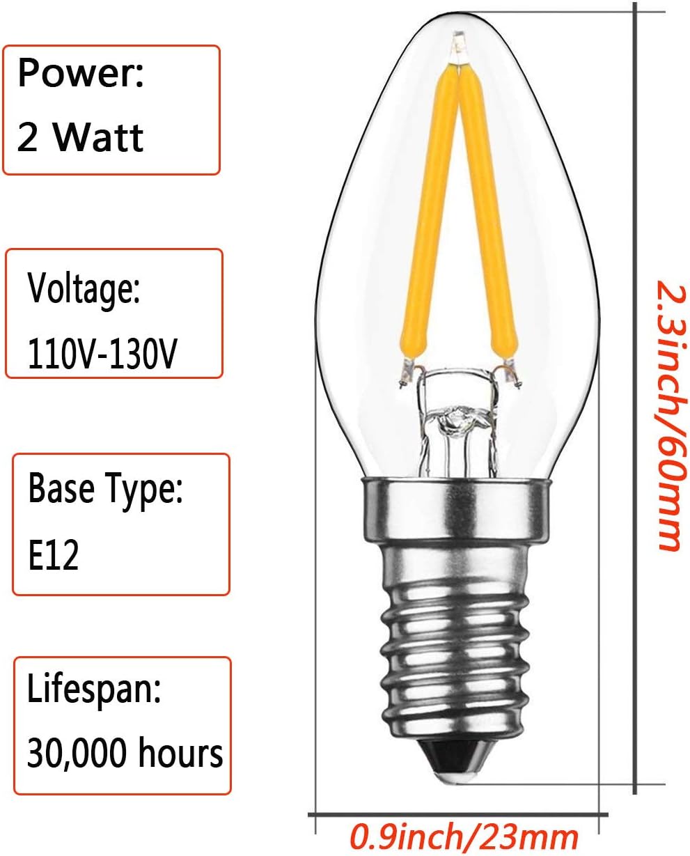 2W E12 C7 Candelabra LED Bulbs(6 Pack) 15W Enquivalent E12 Base LED Filament 2W Bulb 120V Dimmable 2700K Warm White Clear Glass C7 Mini Candle Torpedo Shape for Night Light (Warm White)