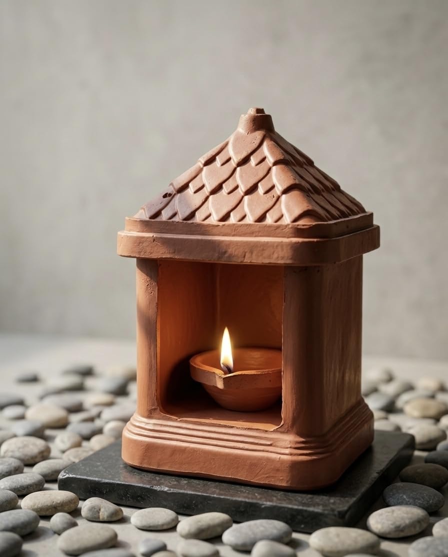 Handcrafted Clay Diya for Puja Room | Traditional Mitti Lamp for Temple or Mandir | Eco-Friendly Temple Design Pottery (15 x 10 cm)-image-4