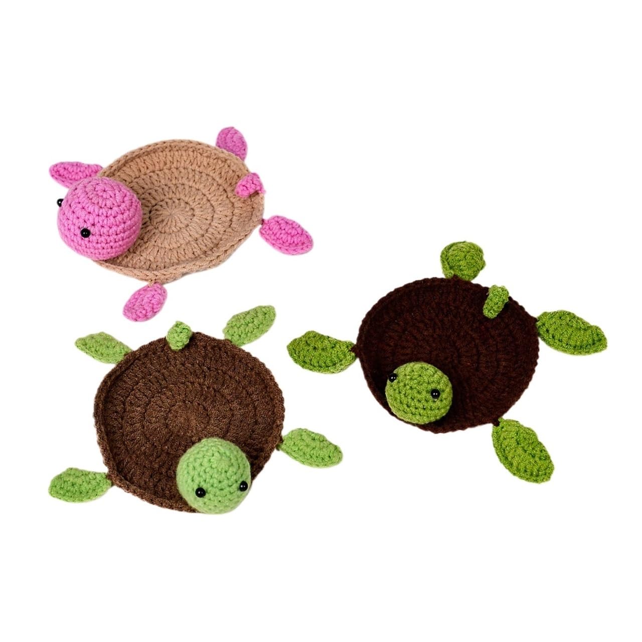 3Pcs Handmade Crochet Turtle Coasters - Cute Knitted Mug Mats for Home Decor & Housewarming Gifts