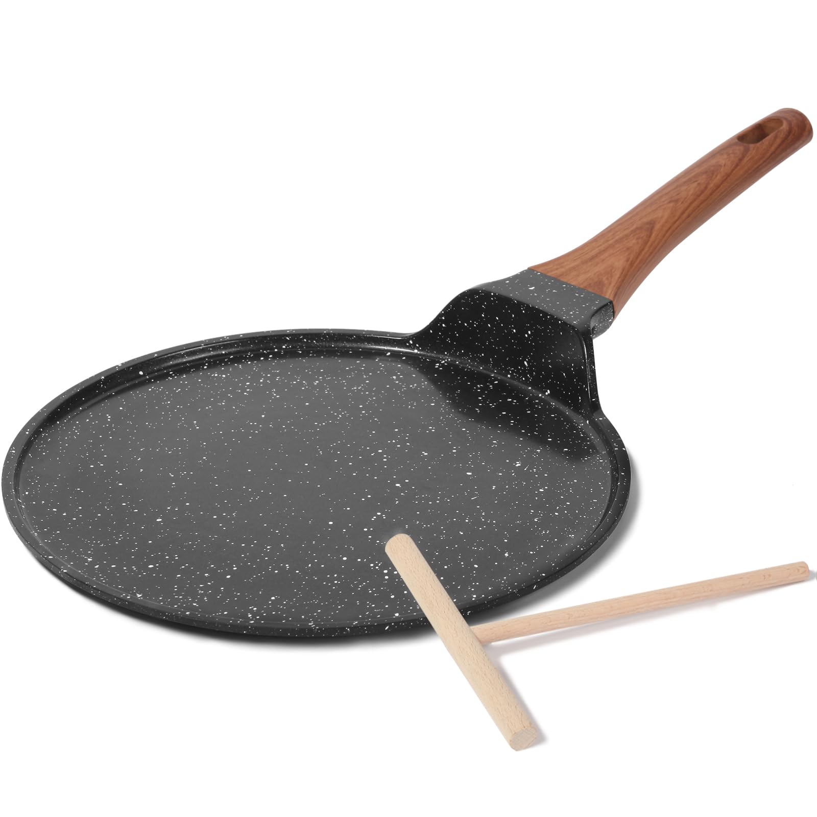 ESLITE LIFE Crepe Pan with Spreader, Nonstick Ceramic Coating Flat Skillet Tawa Dosa Tortilla Pan, PFOA Free (Black, 11" w/spreader)