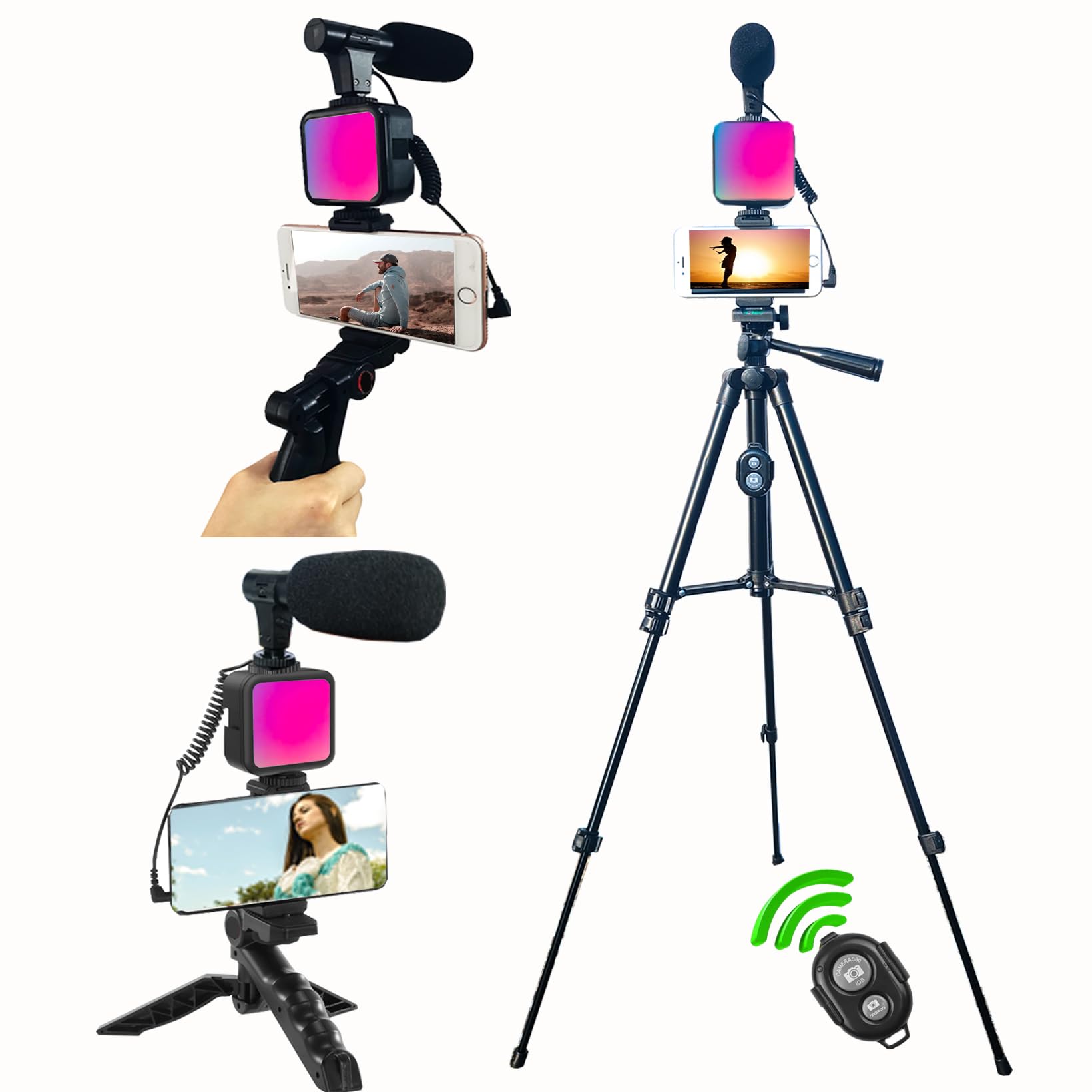 Peanutech for iPhone Vlogging kit,Vlogging kit for Android Phone,with RGB Multicolor Light Microphone Handheld and Extendable Tripod Remote Jack