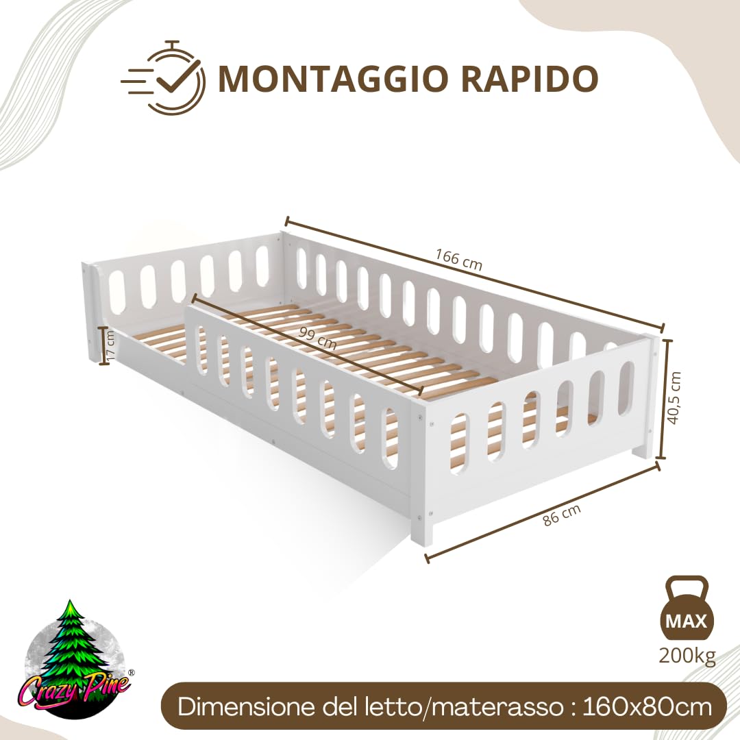 Letto per Bambini 160x80 cm – Letto Montessori a Pavimento Bianco con Barriera in MDF – Sicuro per Bambini Piccoli con Bordi Arrotondati – Ingresso a Sinistra – Crazy Ethan