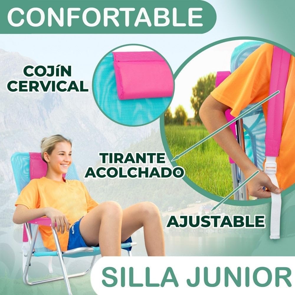 LOLAhome Silla Playa Camping Mochila Junior, Plegable de Aluminio y textileno Aguamarina, Silla Fija de 55x40x71 cm, con cojín Cervical Rosa, Correas Acolchadas y Ajustables
