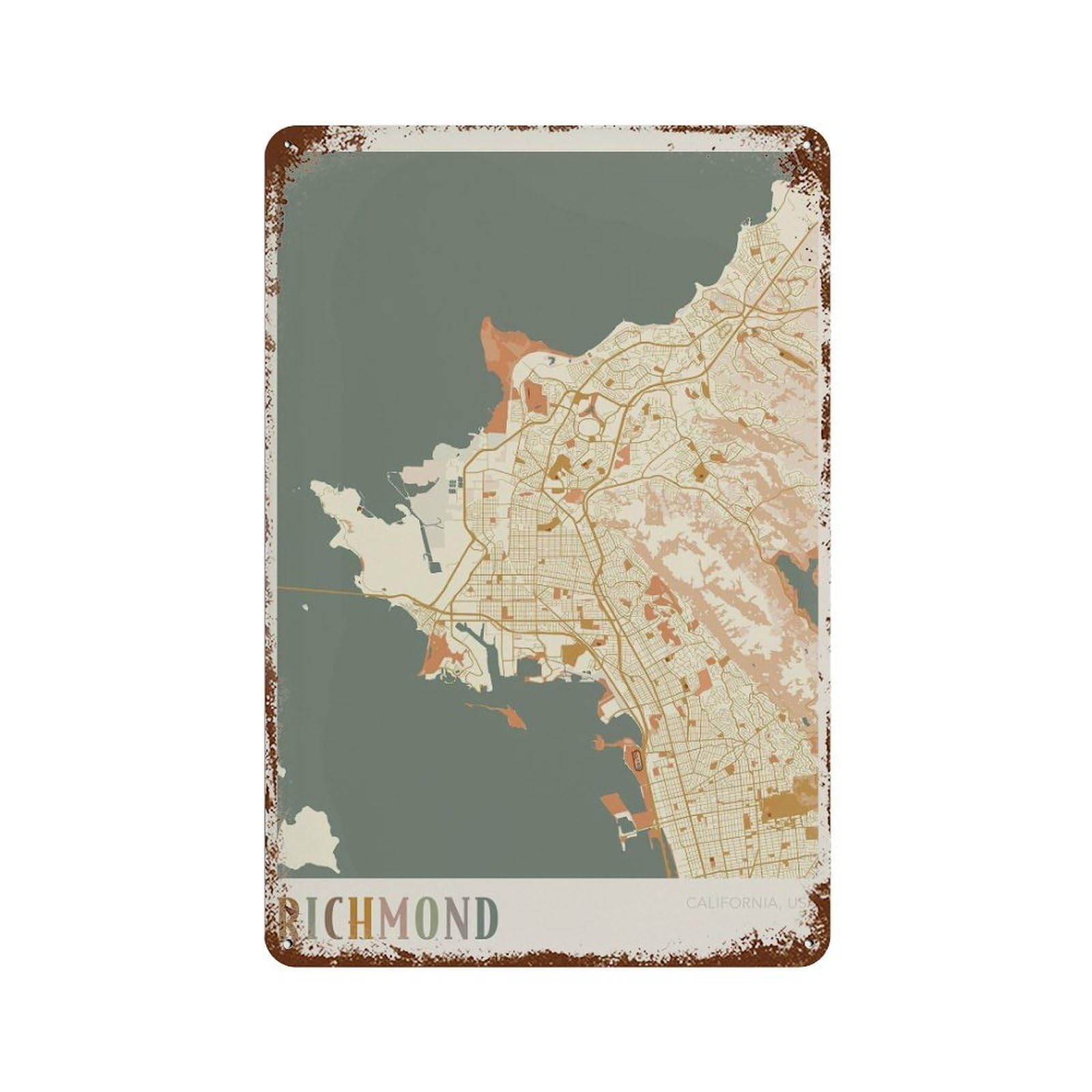 xiaoxiaoshen Richmond Map California Travel Gift Boho Office Gifts for Women Wall Decor Art Metal Tin Poster Modern Home Decor Art Home Bar Shop Decorations Vintage Sign 30x20cm