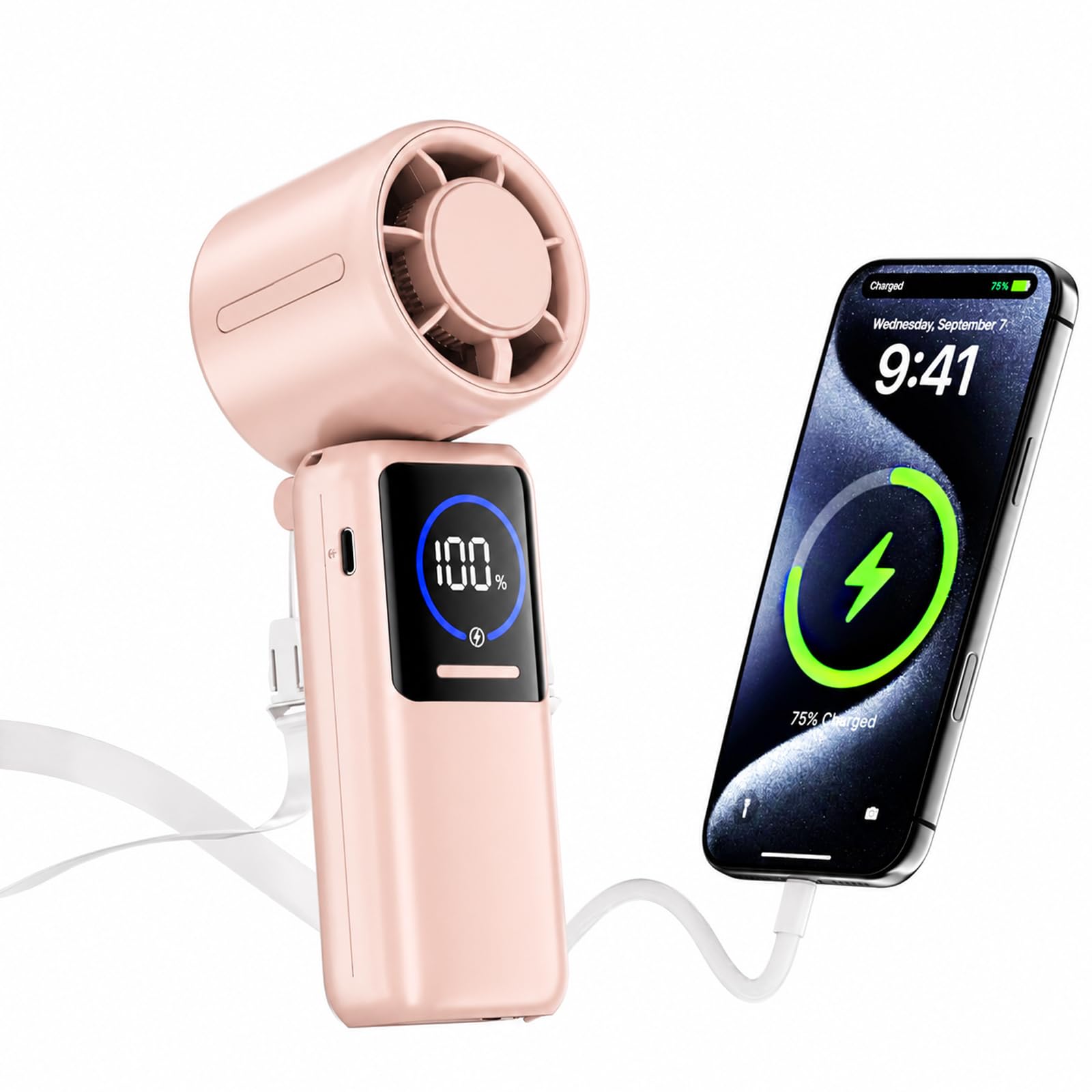 Portable Turbo Handheld Fan,100 Speeds Foldable Rechargeable 15000mAh Mini Personal Fan for 50H, 4-in-1 desk fan with Built-in USB-C Cable & Display for Travel Concerts Outdoors Gifts for Women
