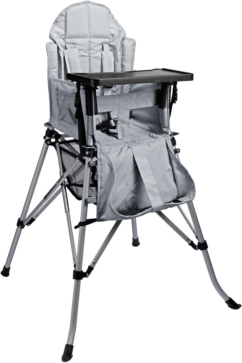 One2Stay Portable Travel High Chair with an Adjustable Backrest (6-36 Months) - Comfortable Foldable Baby Feeding Chair - 5-Point Safety Harness and Double Locking System - Easy to Clean Gray