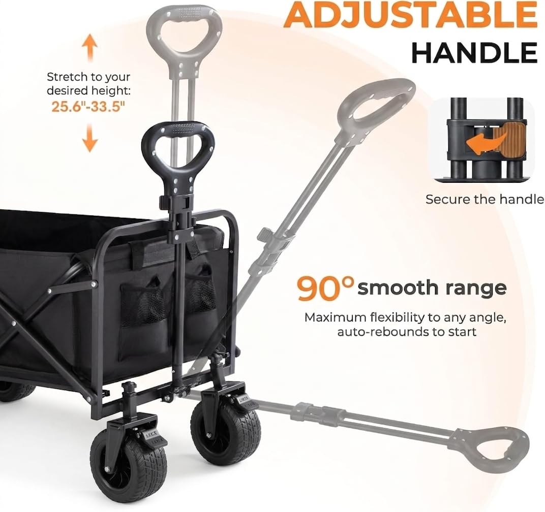 XXL Bollerwagen Faltbar 200L, 160kg Tragkraft, All-Terrain-Handwagen mit Bremsen, extra breite Räder, klappbarer Transportwagen für Strand, Garten & Camping, inkl. Getränkehalter & verstellbarem Griff