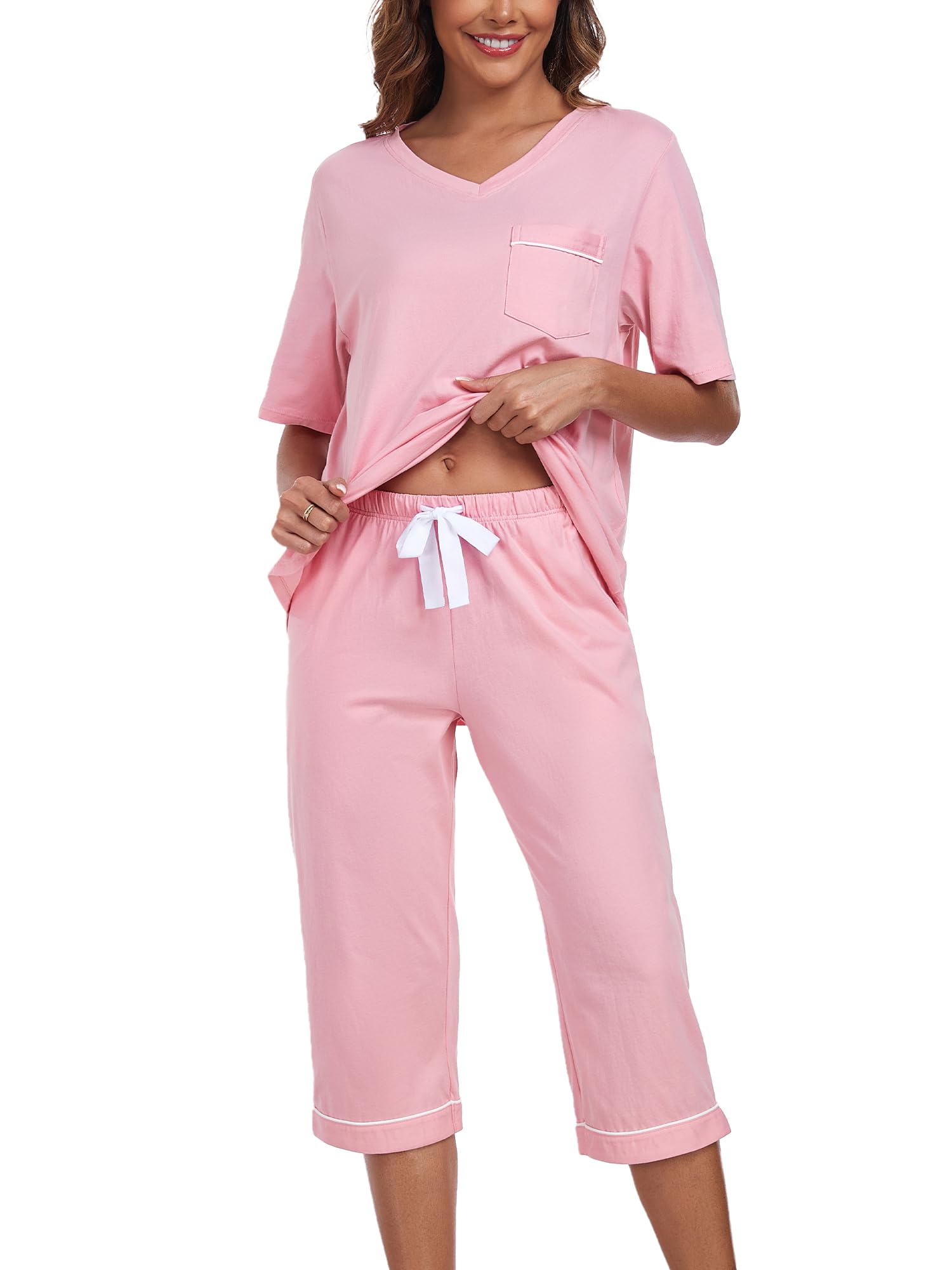 - Women's Pajama Sets 100% Cotton Short Sleeve Pullover Top & Capri Pants Soft Summer Sleepwear Lounge Set