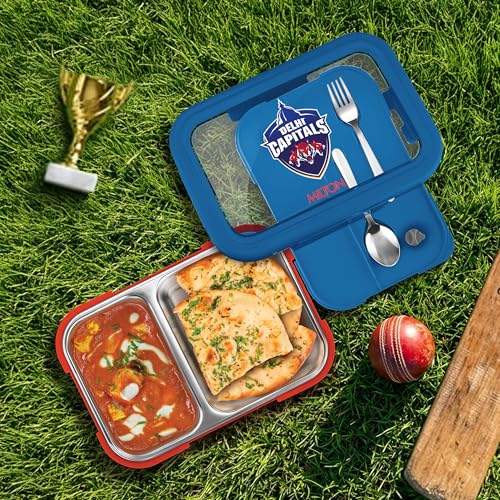 Image of Milton Sports Ethan 2|Delhi Capitals Official Drinkware Partner|Inner SS Tiffin Box, 2 Partition,Steam Release Plug|PU Insulated,Leak-Proof|Lunch Box for Kids,Boys,Girls with Snap Lock Lid|650 ml, Red
