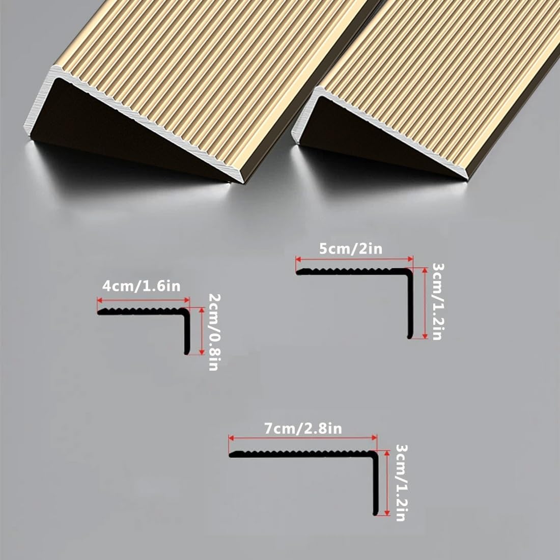 Aluminiowa antypoślizgowa osłona krawędzi stopnia, złota 47,2 cala, wodoodporna listwa krawędziowa schodów, matowa tekstura, 4/5/7 cm w kształcie litery L, stopnie schodów(120x5x3cm)