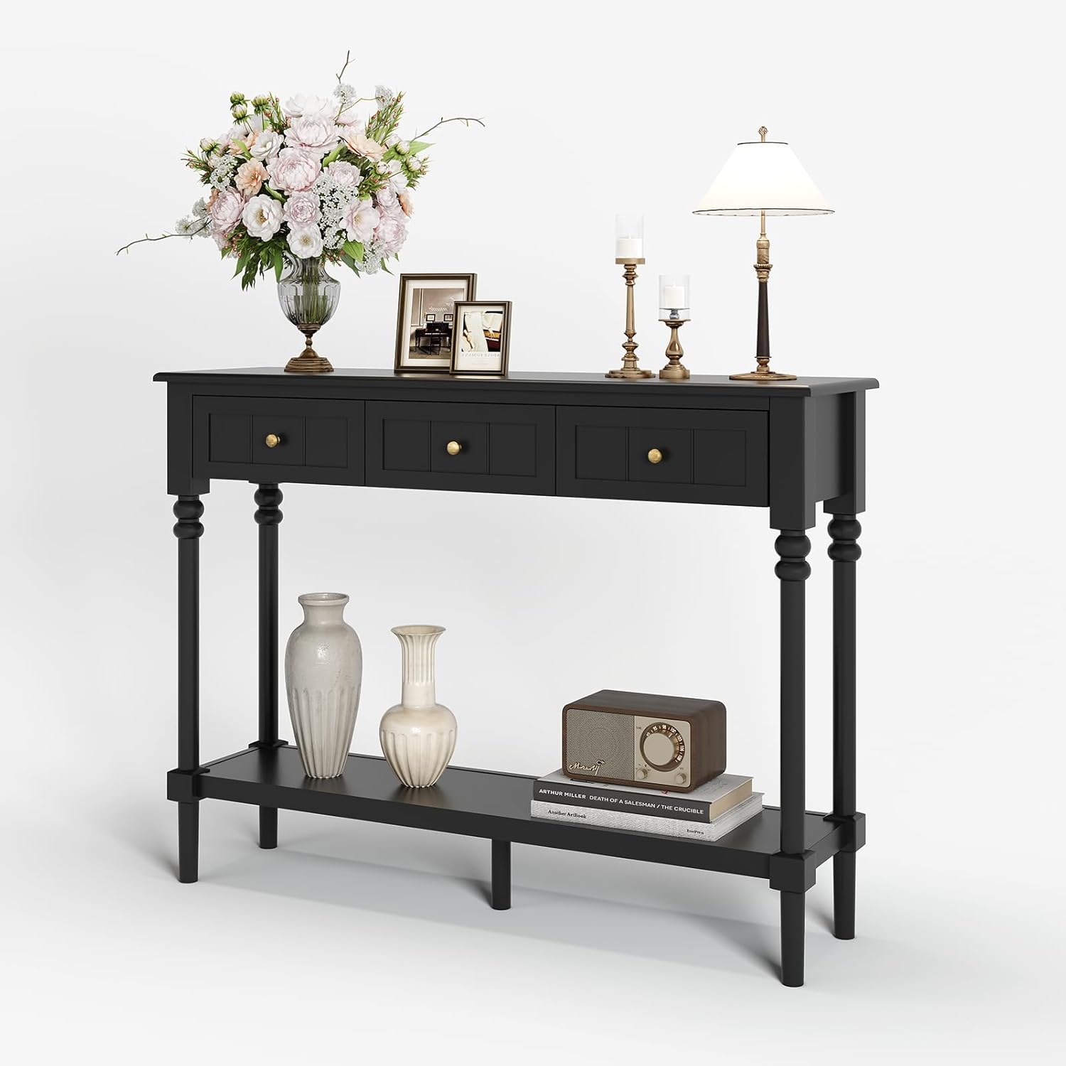 JOINICE 43-inch Black Console Table with Drawers with decorative items