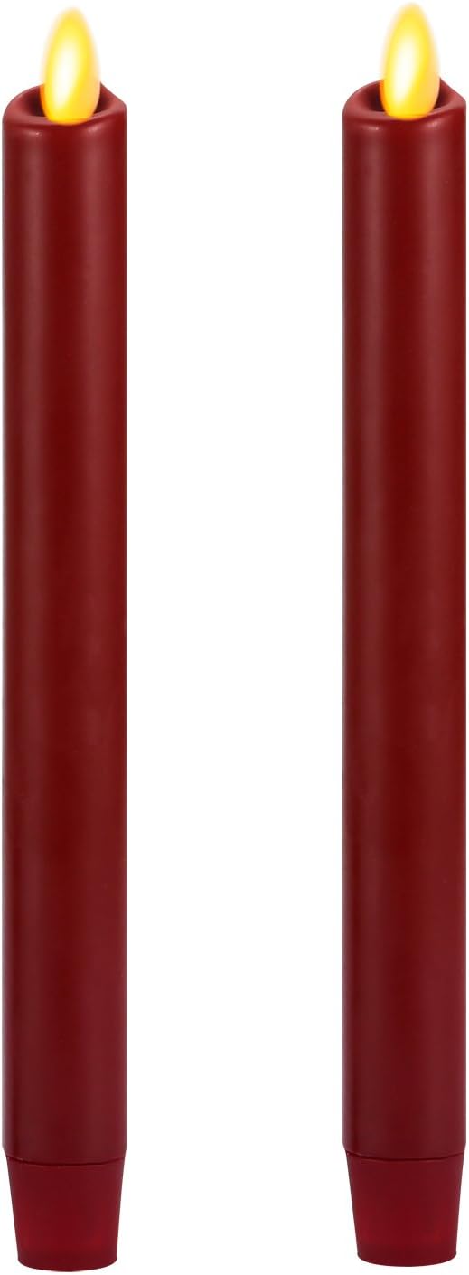 Ksperway 8" Set of 2 Burgundy Unscented Wax Taper Candles, Battery Operated,Moving Wick,Flameless LED Candle Set with Timer and Remote