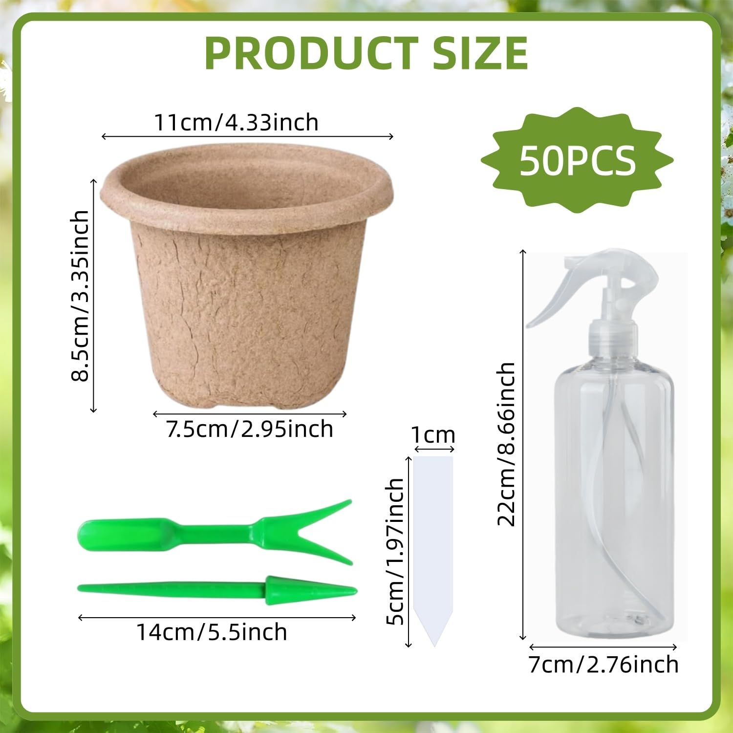 50 Piezas Grande Macetas Biodegradables, 11cm Semilleros de Germinacion, Redondas Macetas con Agujeros de Drenaje, con 1 Botella de Pulverización, para Plantasde de Semillero, Flores, Plantas