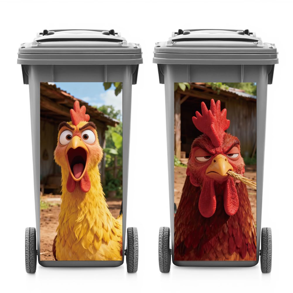 ANATTASOUL 2 Sheets Animal Wheelie Bin Stickers Funny Chicken Head Waterproof Dustbin Covers Decor, 14.9"x 32.2" Adhesive Large Funny Decal for Bins, Fridge, Wall, Garden Outdoor, Indoor Decoration