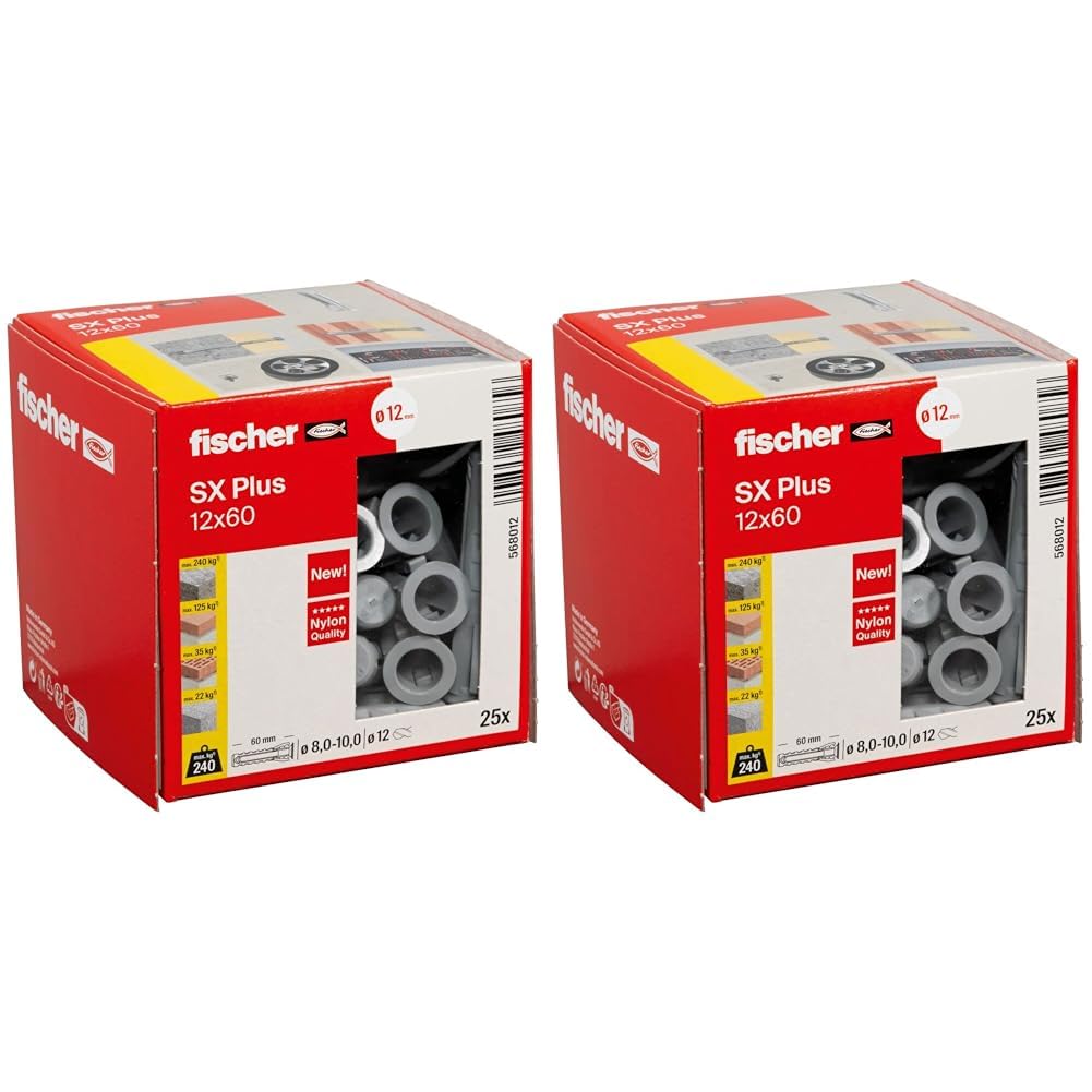fischer Spreizdübel SX Plus 12 x 60, Schachtel mit 25 Nylondübeln, Dübel für optimalen Halt bei Befestigungen in Beton, Vollziegel, Porenbeton, Hochlochziegel uvm. (Packung mit 2)
