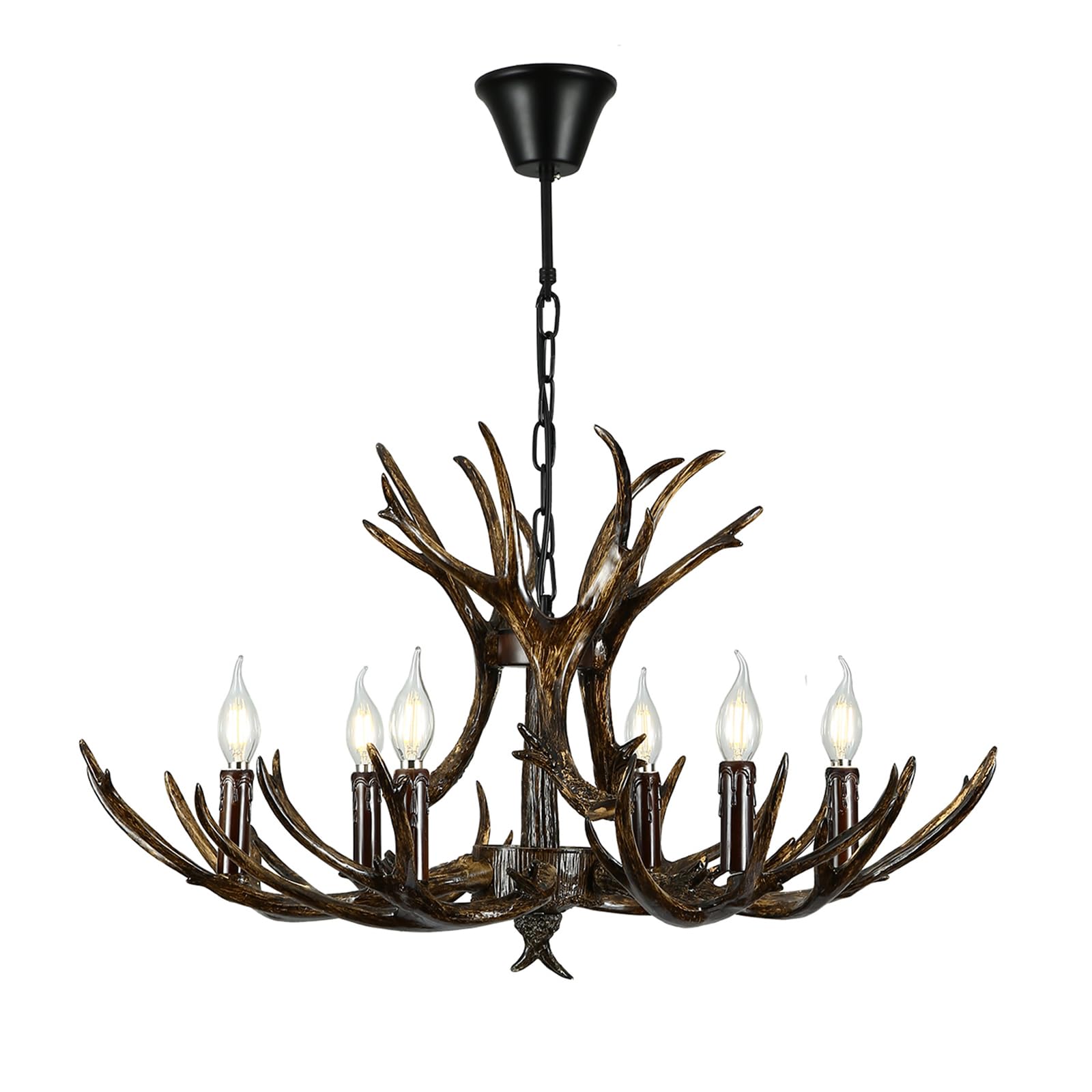 Coffee Black Antler Chandelier 6-Light 28in Resin Ceiling Lighting Fixture Vintage Hanging Antler Lamp for Living Room, Bedroom, Dining Room (Coffee Black)
