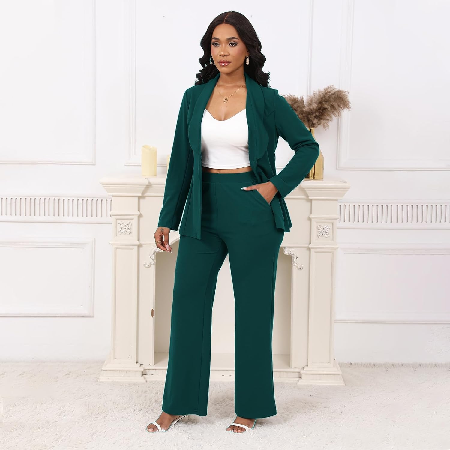 Elainone Women's Business Blazer Pants Set Dressy Professional Suits Wide Leg Office 2 Piece Outfit - Image 3