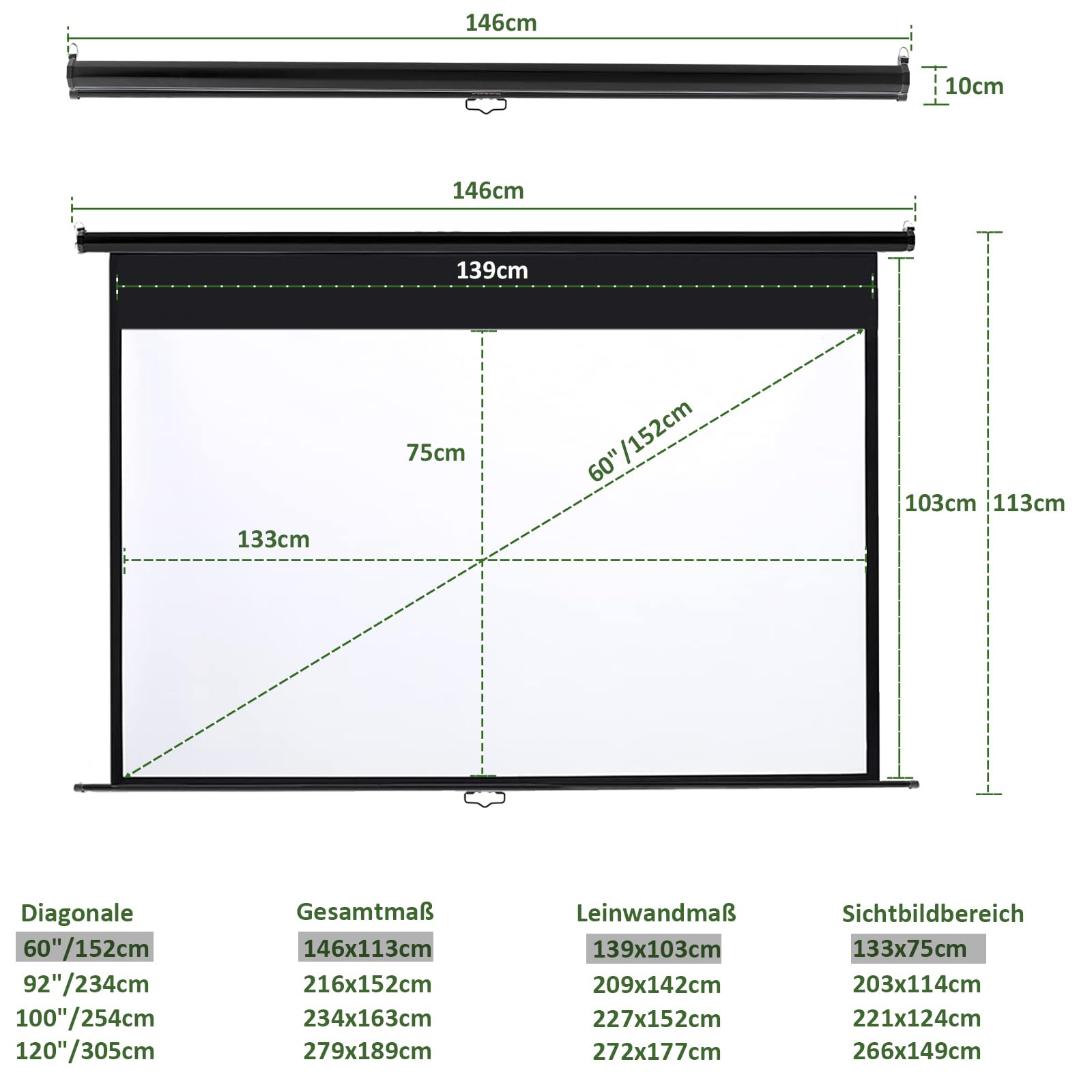 INMOZATA Leinwand Beamer Rollo 146cm, Bild 133 x 75 cm(60 Zoll), Format 16:9, Deckenmontage & Wandmontage Projektor Leinwand für Heimkino Büro Treffen Schule Präsentationen-Schwarz Gehäuse