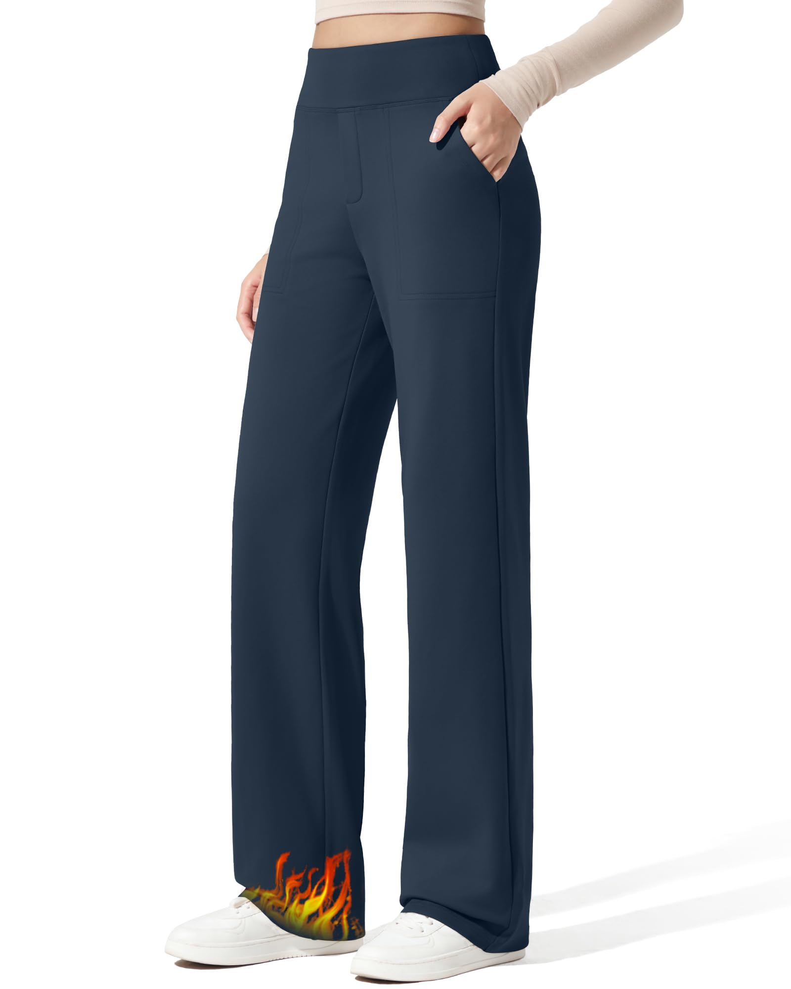 G4Free Women Fleece Lined Pants with Pockets Wide Leg Winter Thermal Work Trousers Dressy Casual Petite/Regular/Tall