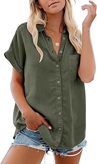 Womens Button Down Casual Shirts Cotton Short Sleeve Blouses Solid Summe...