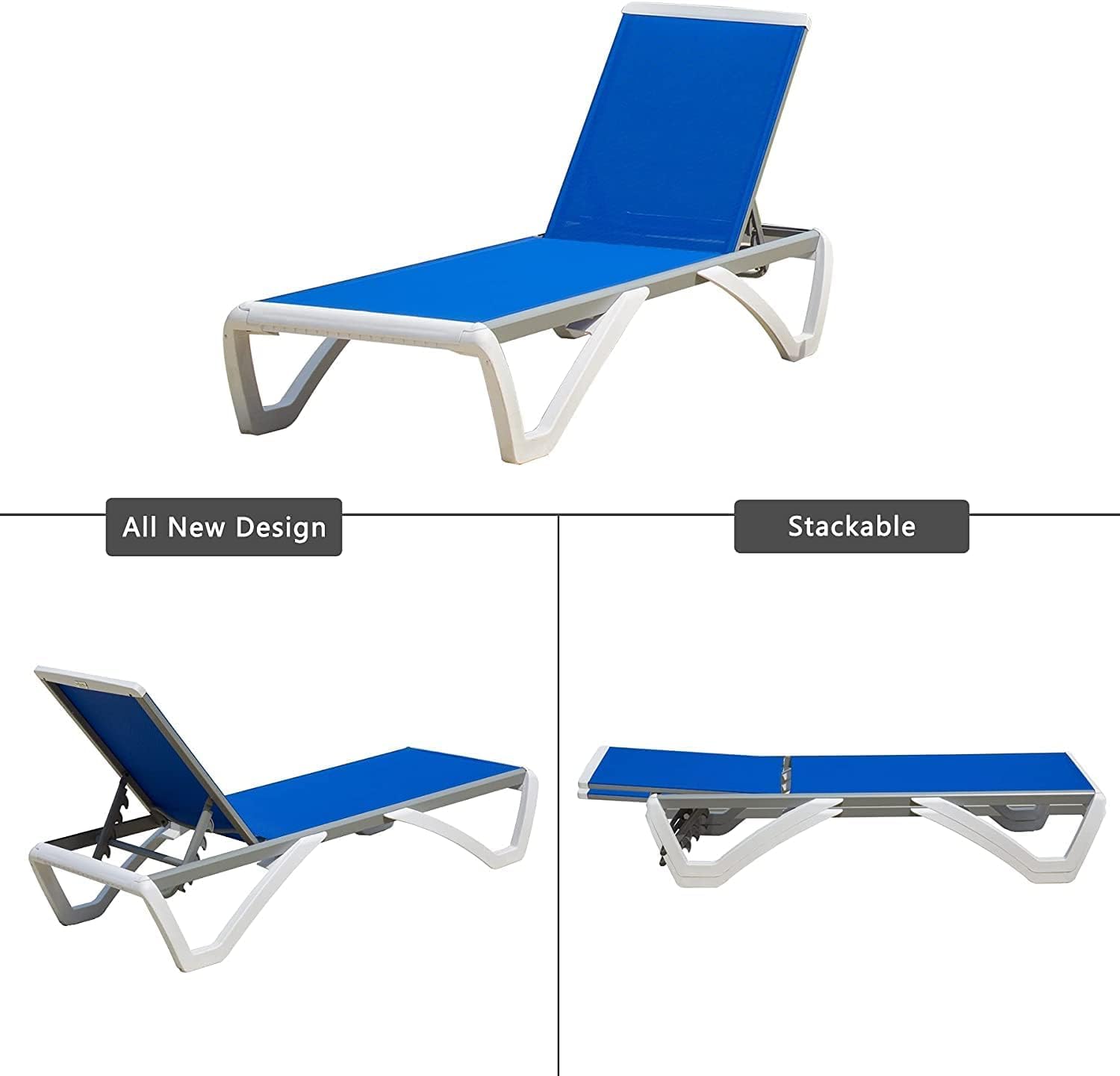 Domi Outdoor Lounge Chairs Set of 4, Aluminum Chaise Lounge for Outside with 5 Position Adjustable Backrest, Stackable Pool Lounge Chairs for Beach, Yard, Balcony, Poolside, Blue