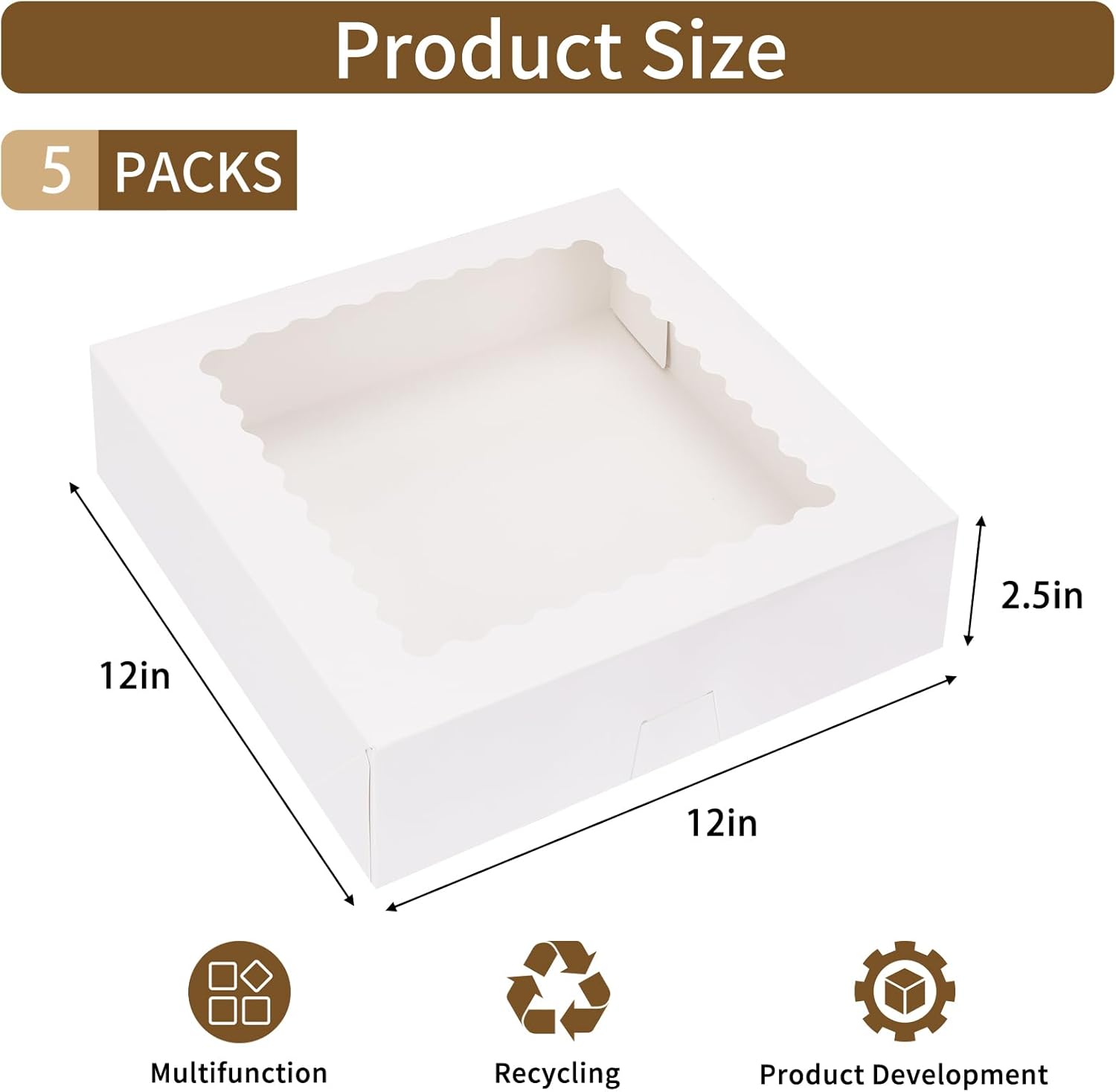 Pie Boxes, 12x12x2.5 White Bakery Boxes with Window, Auto-up