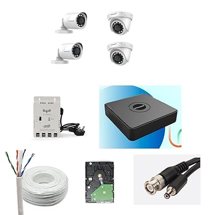 Prama 2MP Full HD CCTV kit with 4 Channel DVR + 2 Outdoor & 2 Indoor Cameras + 1 TB HDD + USEWELL Wire/SMPS, and Required Accessories, Motion Detection Black