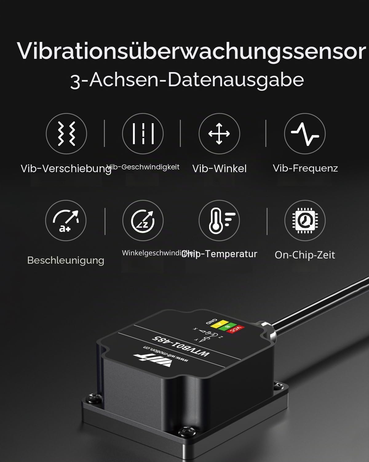 [RS485 Modbus-Vibrationssensor] WTVB01-485 IP68 wasserdichter Wandler, 3-Achsen-Beschleunigungsvibrationsdetektor (Frequenz + Verschiebung + Geschwindigkeit), Motorüberwachungsmodul