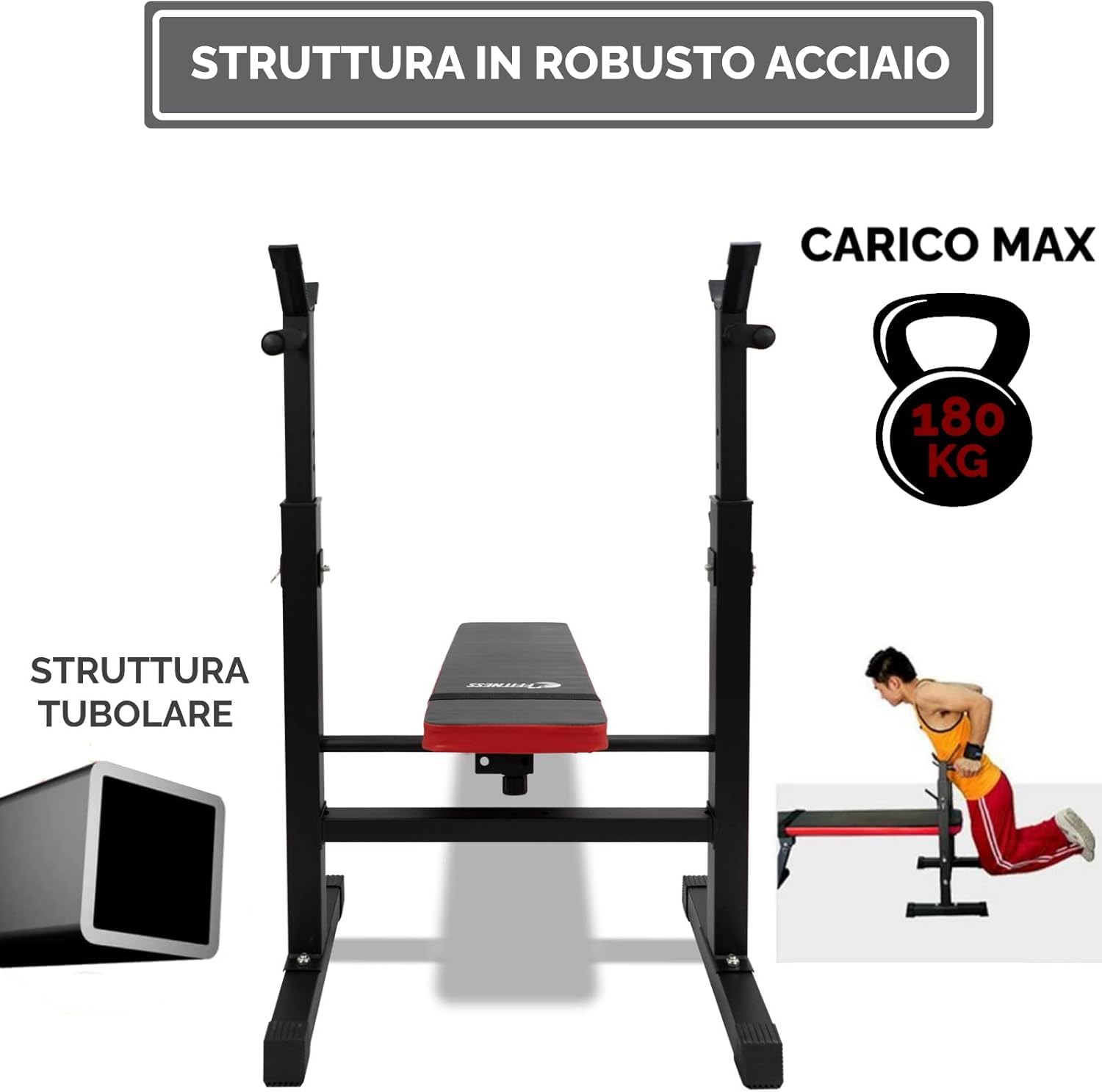 PANCA PESI PIEGHEVOLE REGOLABILE: PANCA PIANA PER PALESTRA CON SUPPORTO BILANCIERE E RACK MULTIFUNZIONALE PER SOLLEVAMENTO PESI