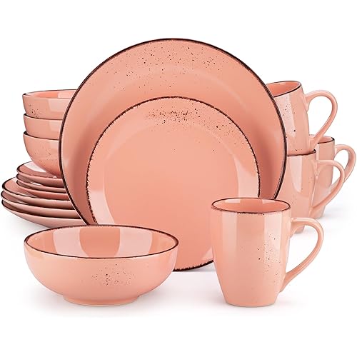 vancasso Navia Ceramic Dinnerware Set, 16 pieces Set of 4 Stoneware Spray Spot Patterned Service Dish with Dinner Plates, Salad Plates, Bowls, Mugs - Pink